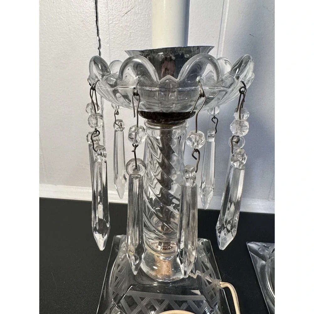 Pair of Large Cut Etched Crystal‎ Hurricane Lustre Mantle Lamps Drop Prisms